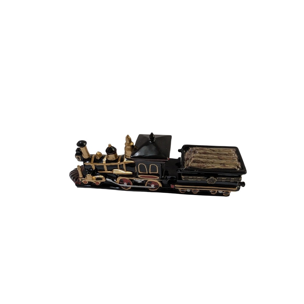 Vintage Black Gold Ceramic Train Locomotive Wood Tender Hinged Trinket Box 7in
